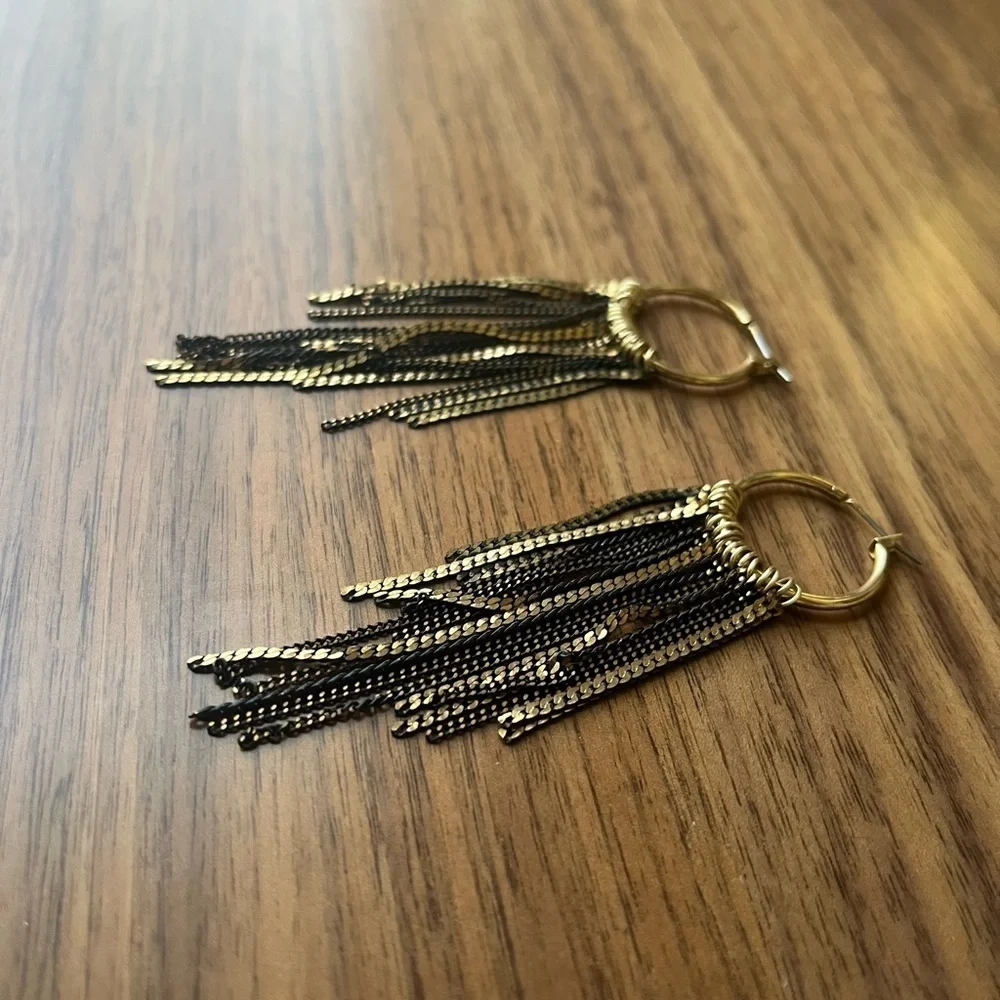 Vintage Y2K 00s Oversized Tricolor Chain Necklace Fringe Earrings Set Boho B3